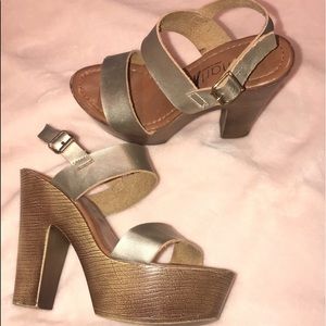Bronzed wooden heeled sandals